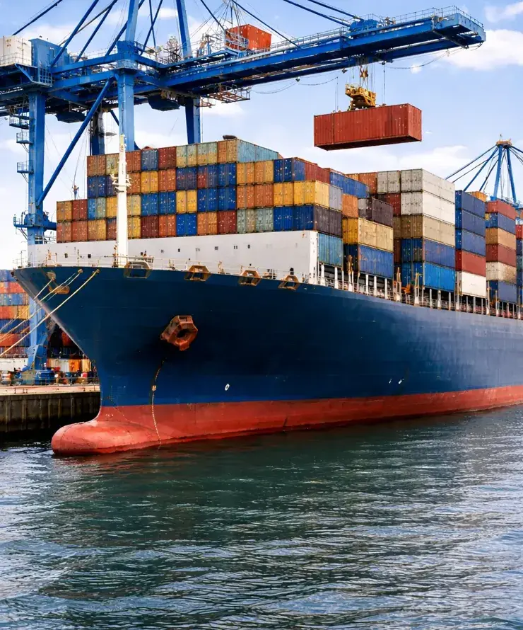 Cargo ship being loaded with containers at a shipping port