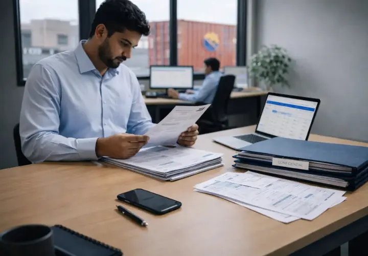 Logistics professional reviewing shipping documents in office