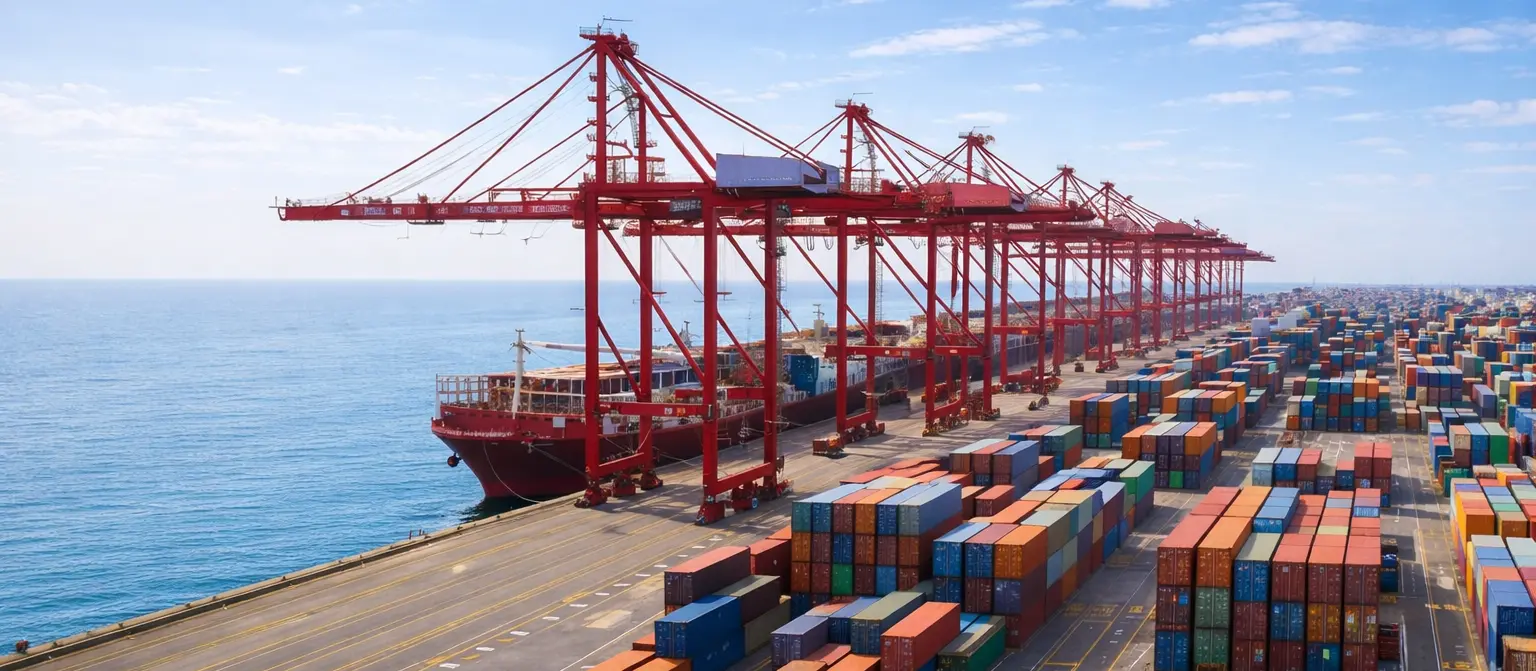 Container vessel at port terminal aligned with master shipping schedule