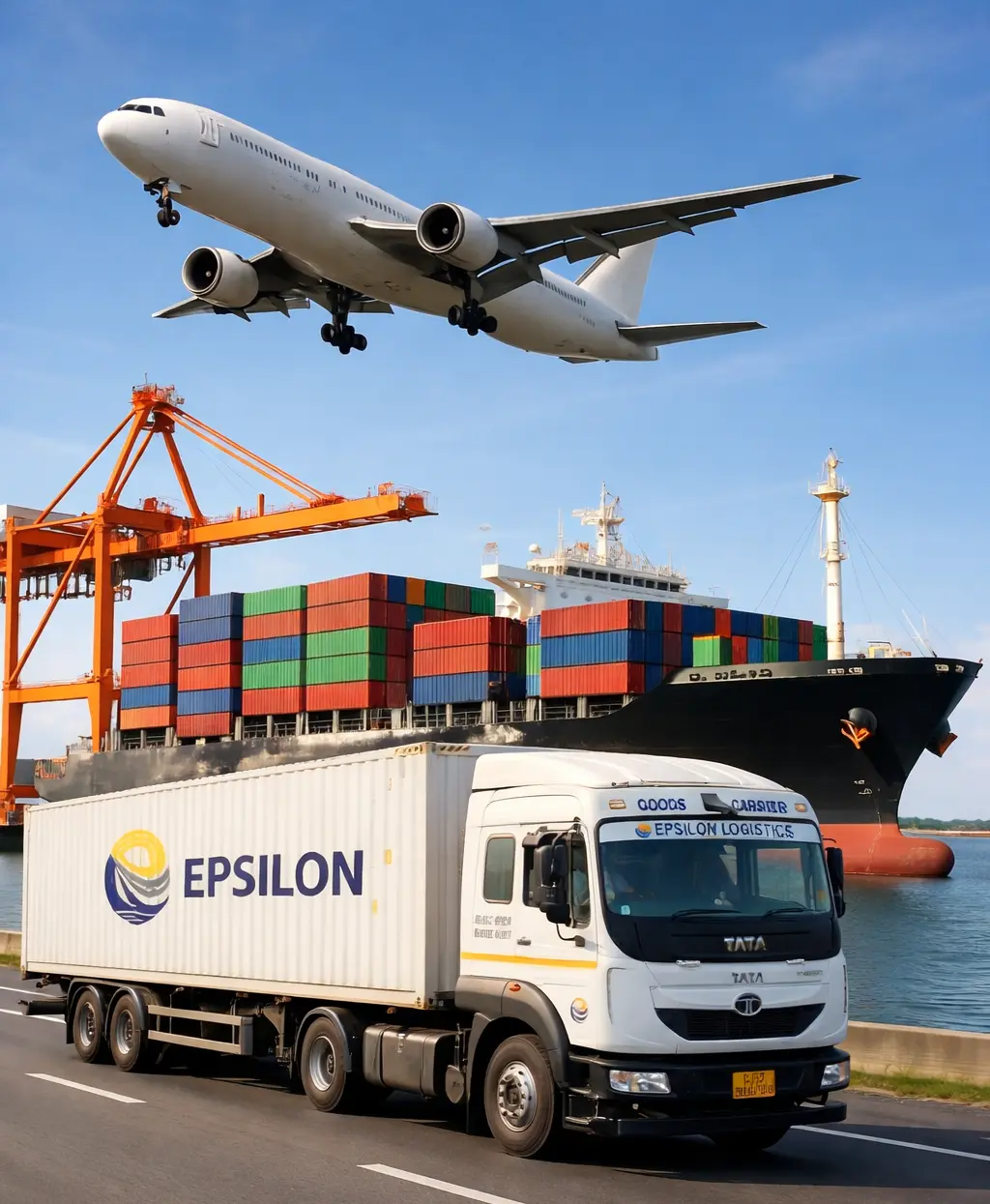 Air freight, sea freight, and road transport combined for global cargo shipping