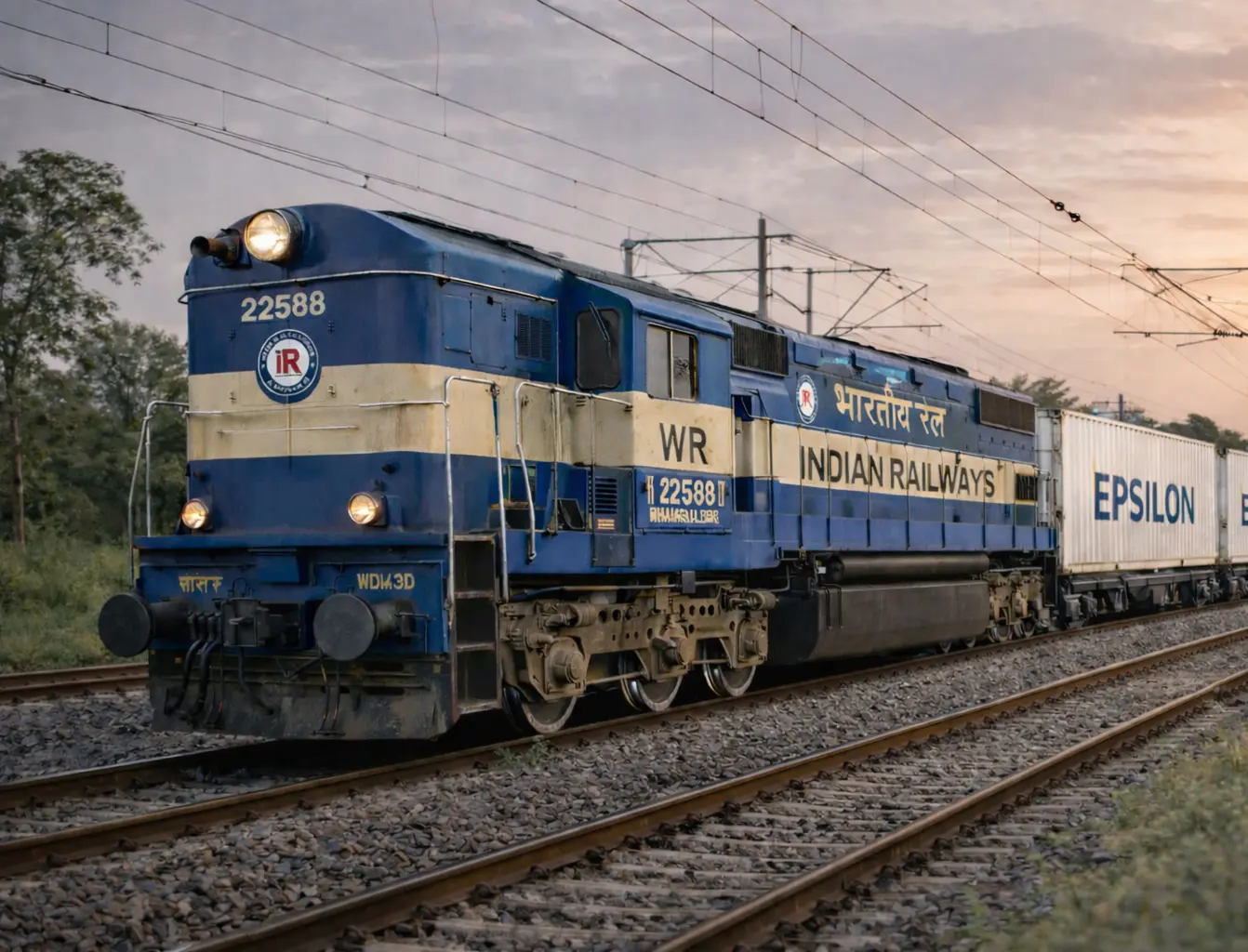 Indian Railways freight train carrying container cargo on railway tracks