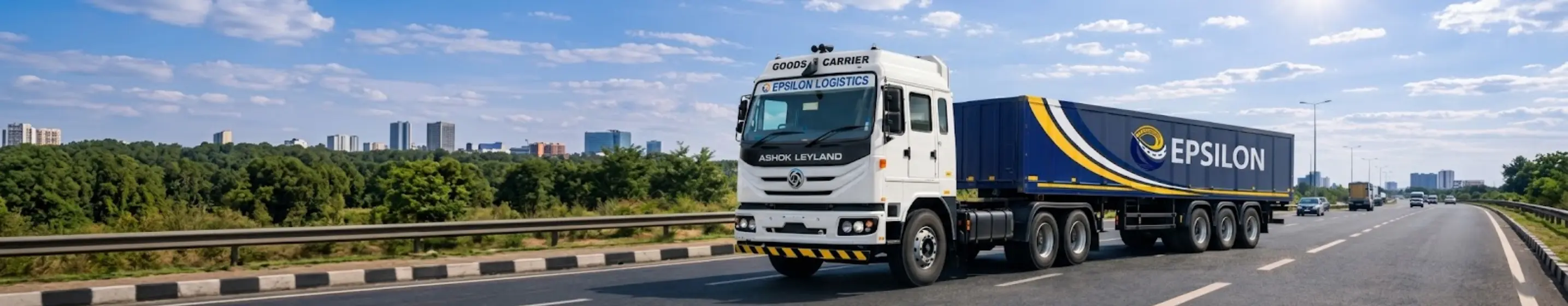 Container trailer truck transporting cargo on highway for road freight transport