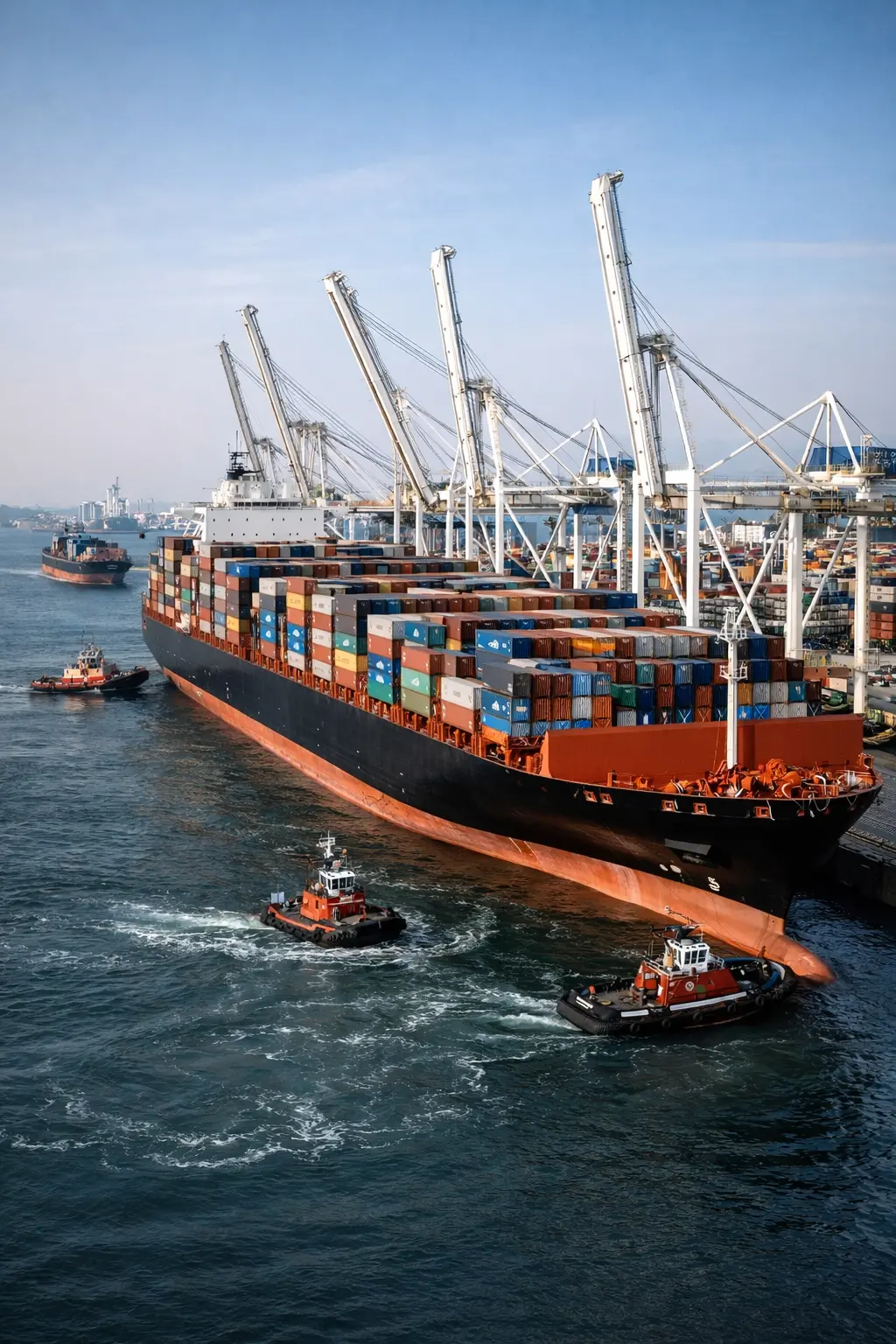 Container vessel docked at port for cargo loading and unloading